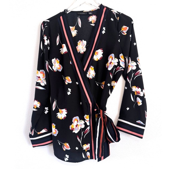 Halogen Tops - Halogen Women's Jessica Floral Faux Wrap Blouse - Black Floral with Striped Trim